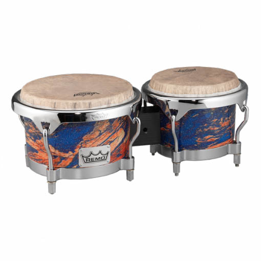 Remo BG-7821-MS- Bongo, Drum, Valencia Series, 7/8.5 X 6, SKYNDEEP® Tucked Drumhead, Calfskin Graphic, Molten Sea Finish, Chrome Curved Hoops Бонги